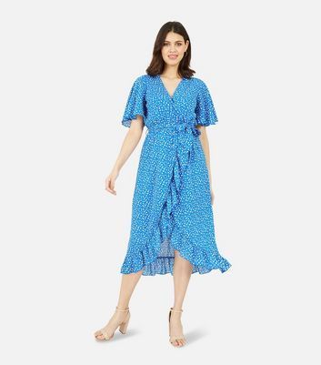 Blue Ditsy Floral Frill Midi Wrap Dress New Look