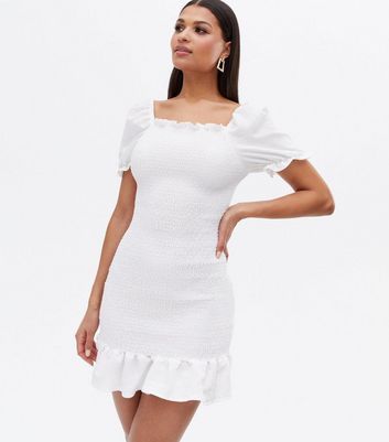 Off White Shirred Frill Mini Dress New Look