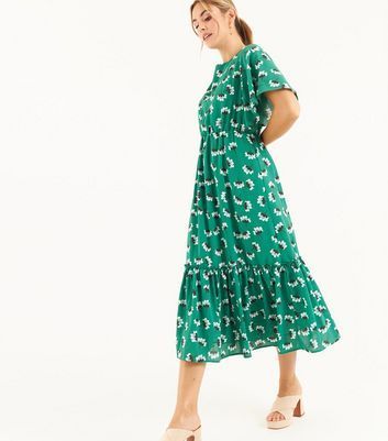 Green Floral Tiered Midi Dress New Look