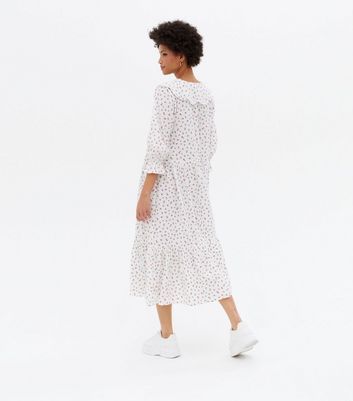 White Ditsy Floral Seersucker Collared Midi Smock Dress New Look