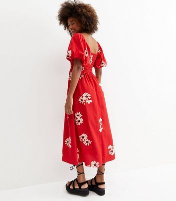 Red Floral Shirred Puff Sleeve Midi Dress New Look