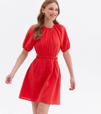 Red Seersucker Cut Out Mini Dress New Look