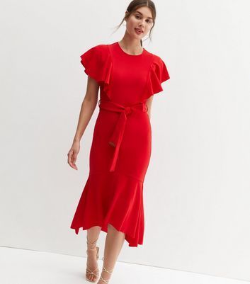 Red Scuba Crepe Ruffle Sleeve Belted Midi Dress New Look