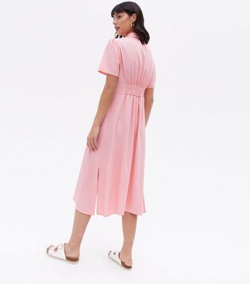 Bright Pink Shirred Waist Midi Shirt Dress New Look