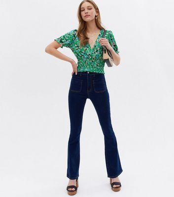 Green Floral Shirred Wrap Top New Look