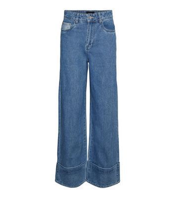 Petite Blue Fold Up Wide Leg Jeans New Look