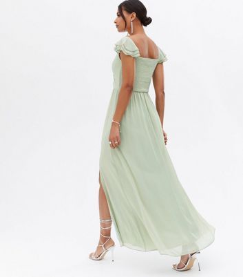 Light Green Ruched Frill Maxi Dress New Look
