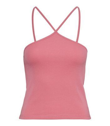 Mid Pink Ribbed Strappy Halter Vest New Look