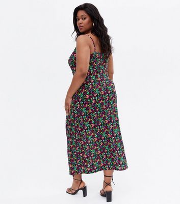 Curves Multicoloured Floral Ruched Midi Dress New Look