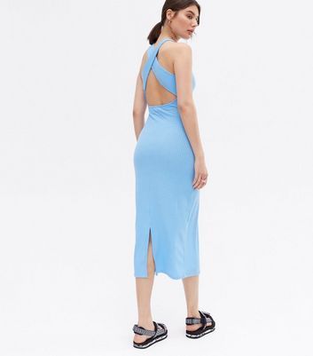 Blue Ribbed Cross Back Midaxi Bodycon Dress New Look