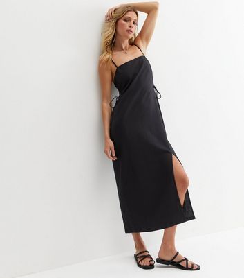 Black Linen Blend Lace Up Side Midi Dress New Look