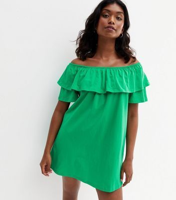 Green Jersey Frill Bardot Mini Dress New Look