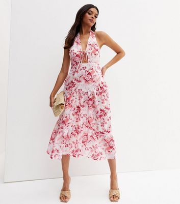 White Floral Cut Out Midi Halter Dress New Look