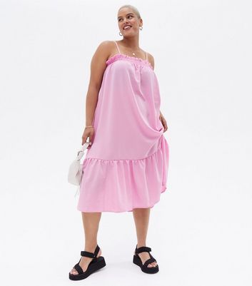Curves Pink Frill Tiered Strappy Midi Smock Dress New Look