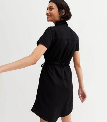 Black Denim Tie Waist Mini Shirt Dress New Look
