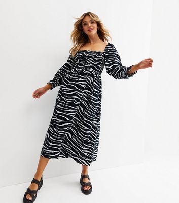 Black Zebra Print Linen-Look Long Sleeve Midi Dress New Look