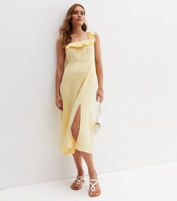 Pale Yellow Linen-Look Frill Square Neck Midi Dress New Look