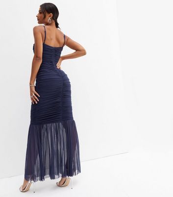 Navy Ruched Strappy Maxi Dress New Look