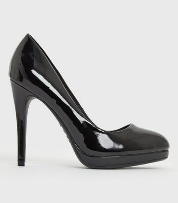 Black Patent Round Platform Stiletto Heel Court Shoes New Look Vegan