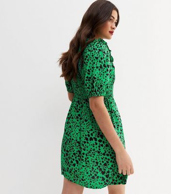 Green Leopard Print Crepe Shirred High Neck Mini Dress New Look