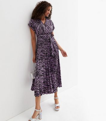 Purple Zebra Print Satin V Neck Pleated Midi Dress New Look