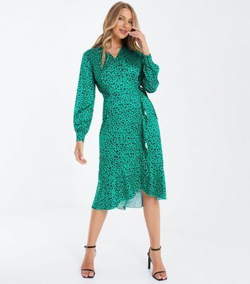 Green Animal Print Long Sleeve Frill Midi Wrap Dress New Look