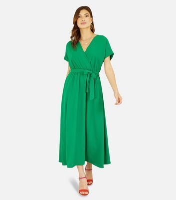 Green Kimono Sleeve Tie Waist Midi Wrap Dress New Look