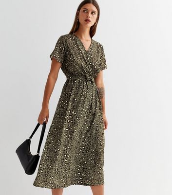 Olive Leopard Print Midi Wrap Dress New Look
