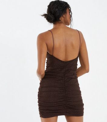 Dark Brown Glitter Strappy Ruched Mini Bodycon Dress New Look