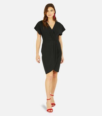 Black Pleated Short Sleeve Mini Wrap Dress New Look