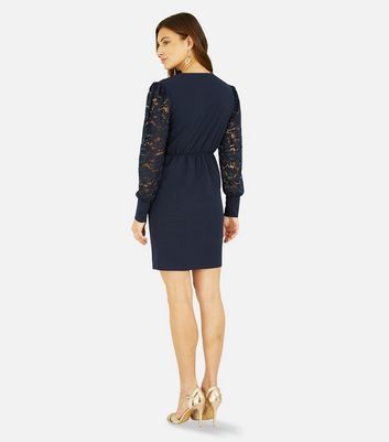 Navy Lace Sleeve Belted Mini Wrap Dress New Look