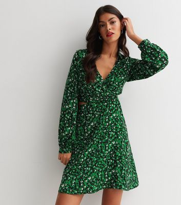 Green Floral Collared Cut Out Mini Shirt Dress New Look