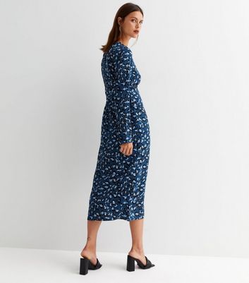 Blue Animal Print Button Front Long Sleeve Midi Dress New Look