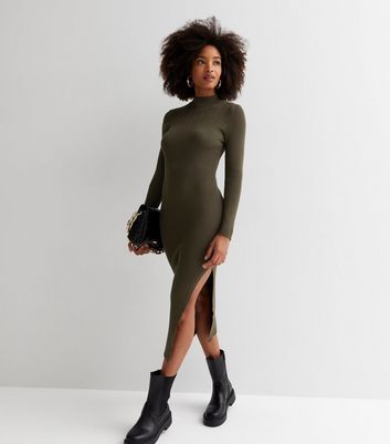 Olive Ribbed Knit High Neck Long Sleeve Midi Bodycon Dress New Look