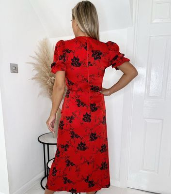 Red Floral V Neck Frill Midi Dress New Look