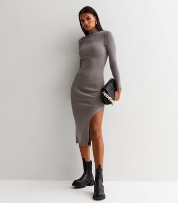 Pale Grey Ribbed Knit High Neck Bodycon Midi Dress New Look