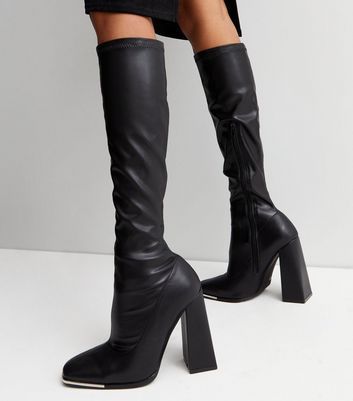 Black Leather-Look Block Heel High Leg Boots New Look