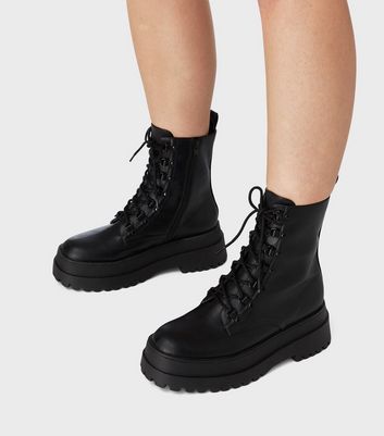 Black Leather-Look Lace Up Chunky Ankle Boots New Look