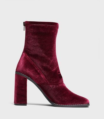 Burgundy Velvet Block Heel Boots New Look