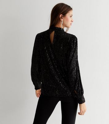 Black Sequin High Neck Long Sleeve Blouse New Look