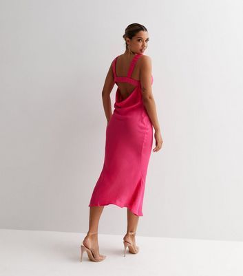 Bright Pink Satin Cowl Neck Ruched Midi Slip Dress New Look