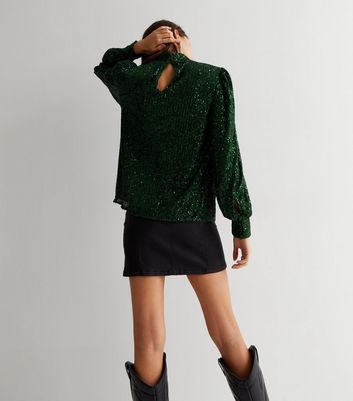 Green Sequin High Neck Long Sleeve Blouse New Look