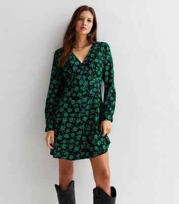 Black Floral Button Long Sleeve Mini Dress New Look