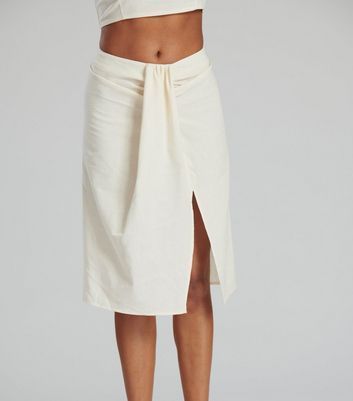 Cream Linen-Look Knot Midi Skirt New Look
