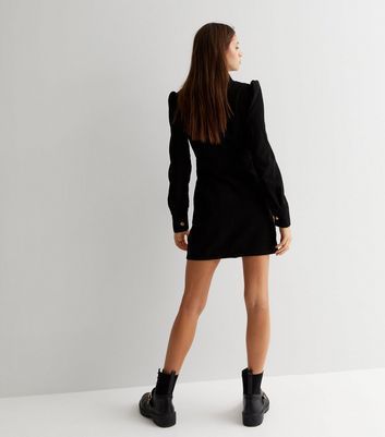 Black Cord Long Sleeve Button Front Mini Shirt Dress New Look