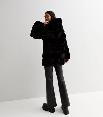 Black Faux Fur Hooded Coat New Look