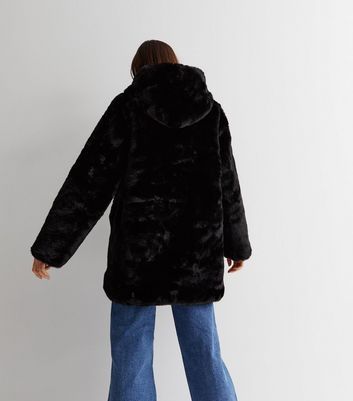 Black Faux Fur Hooded Jacket New Look
