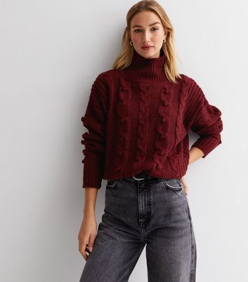 Burgundy Cable Knit High Neck Jumper New Look