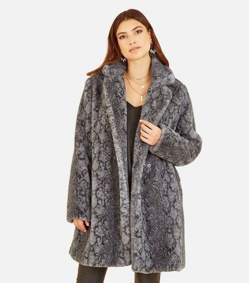 Grey Snake Faux Fur Long Coat New Look