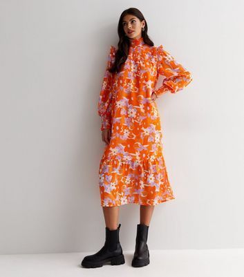 Orange Floral Shirred Chiffon Midi Oversized Smock Dress New Look